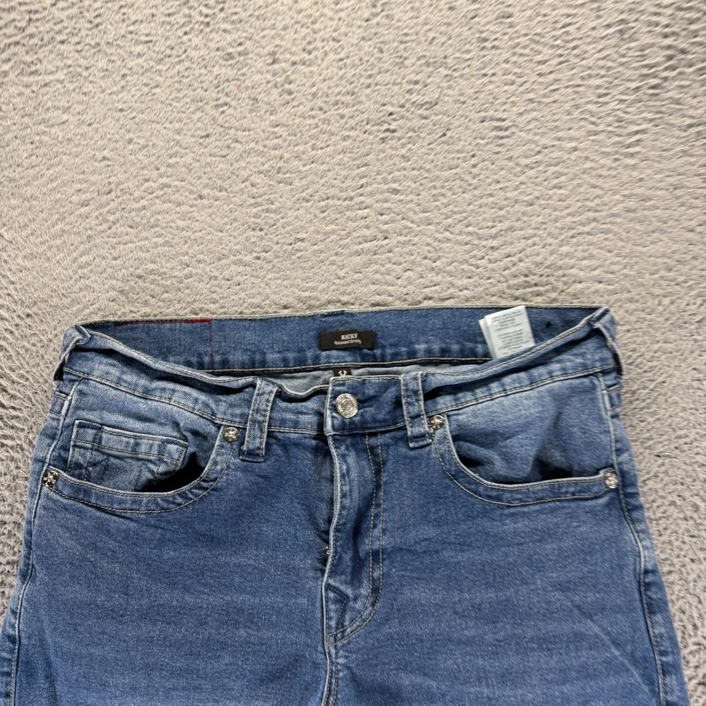 True Religion Ricky Shorts Mens 34 Blue Cotton Denim Bermuda Relaxed Fit Raw Hem